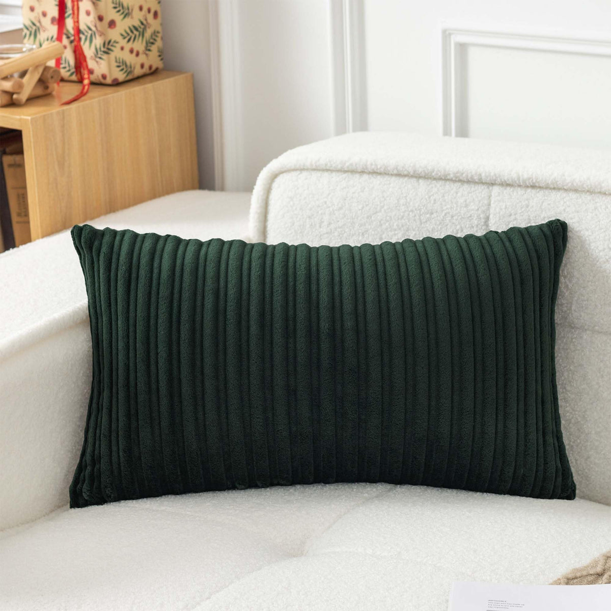 UGASA Velvet 12x20 Inch Lumbar Soft Throw Pillow Cover Boho Farmhouse Decorative Corduroy Striped Both Sides Solid Rectangular Cushion Case for Couch Bedroom Sofa Home, 1 Piece, Beige