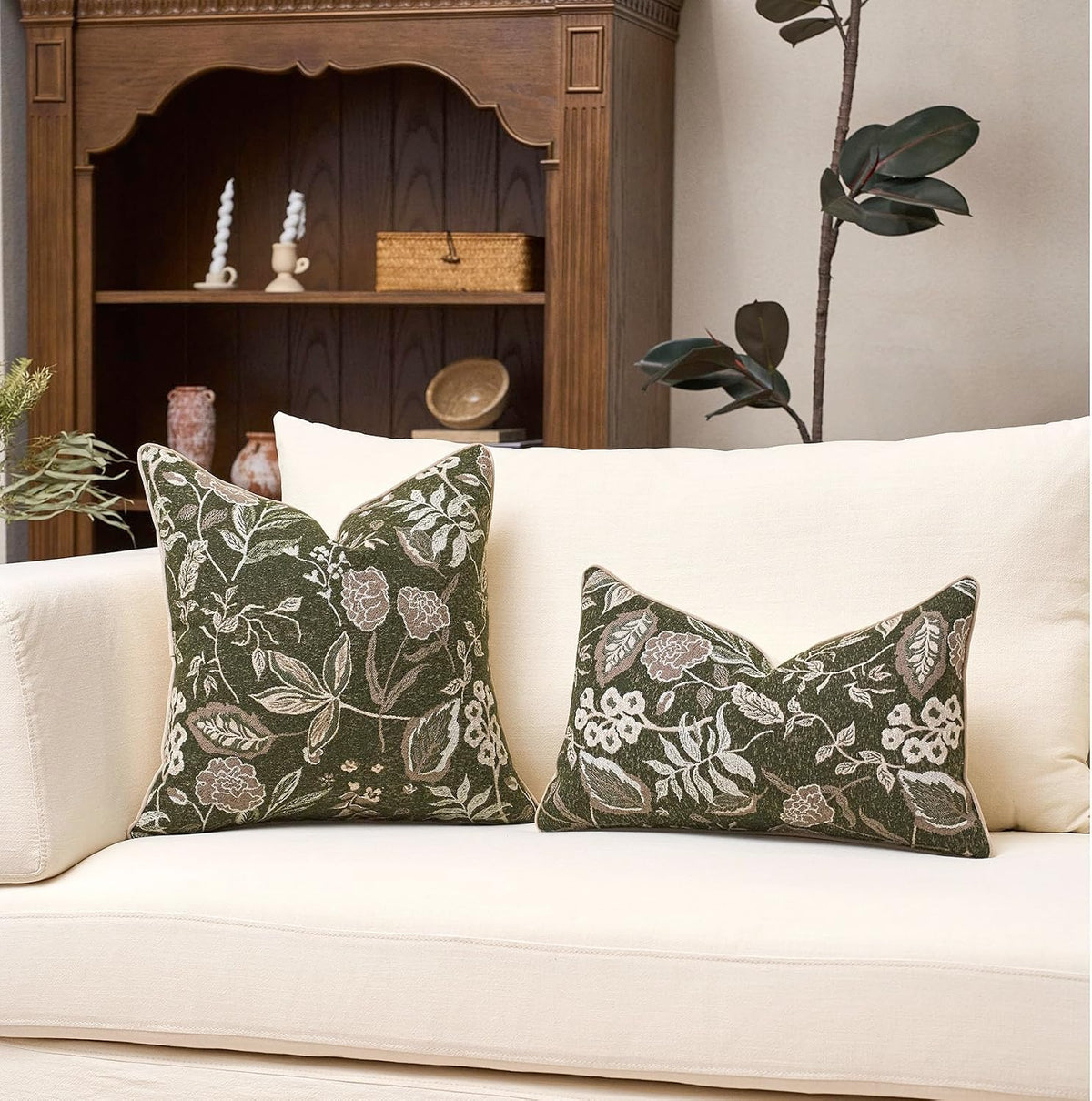 Green Floral Textured Throw Pillow Cover 18x18 Fall Vintage Rust Pillow Cover Farmhouse Summer Leaf Cushion Cover Chenille Neutral Flower Pillowcase Home Decor for Sofa Living Room Bedding