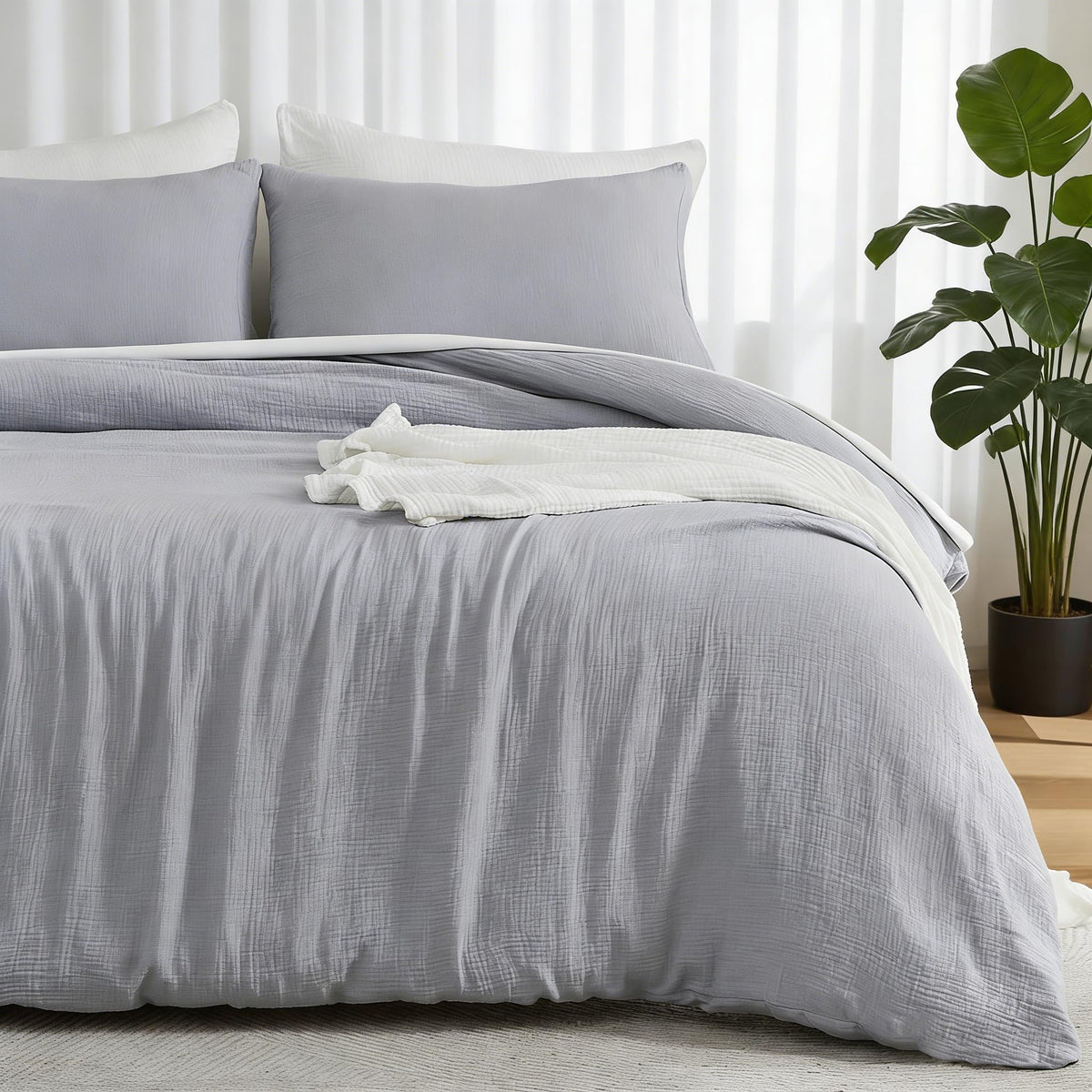 EMME Muslin Cotton Duvet Cover Set Linen Like Cream White Queen