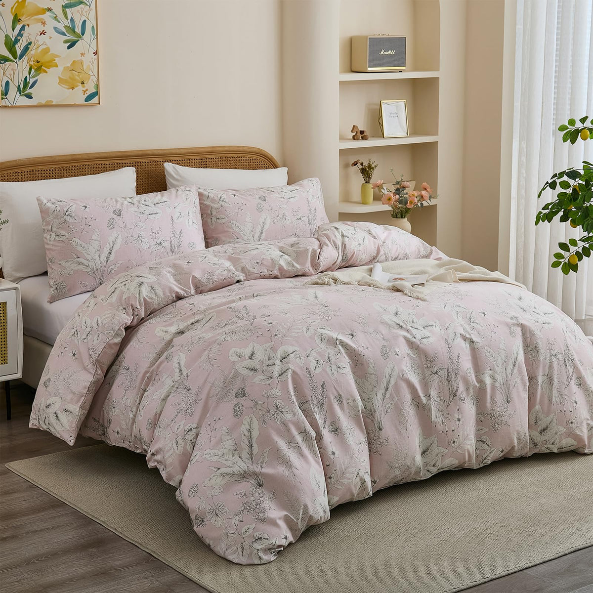 Duvet Cover Queen Size - 100% Cotton Reversible Floral Queen Duvet Cover Set with Zipper Closure, 3 Pieces Soft & Breathable Green Bedding Set for All Seasons