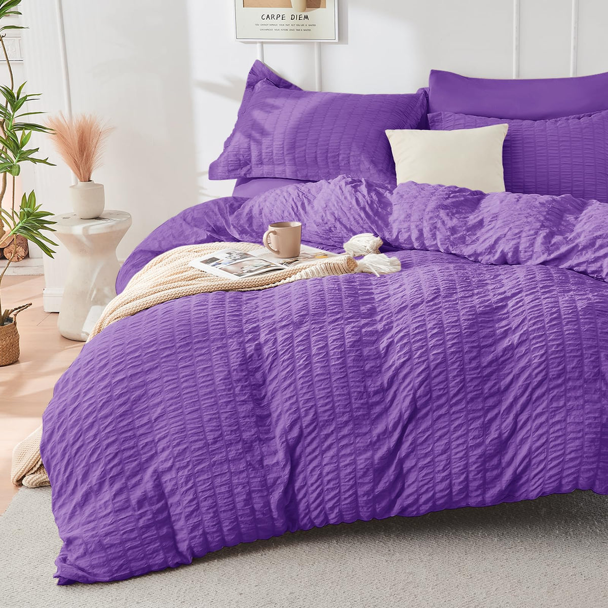 HYMOKEGE Beige Duvet Cover Queen Size, Ultra Soft 3-Piece Seersucker Duvet Cover Set with Zipper Closure, Soft Brushed Microfiber Bedding Set with 8 Corner Ties (90"x90", 2 Pillowshams)