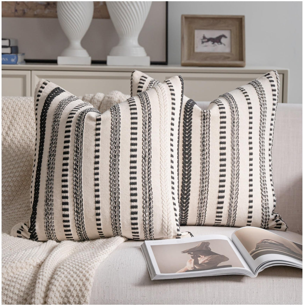 Cethom Blue and Beign Boho Throw Pillow Covers 18x18 Inch Set of 2, Stripe Textured Decorative Couch Pillow Cases for Bed, Sofa, Living Room, Bedroom, Farmhouse Home Accent Cushion Covers
