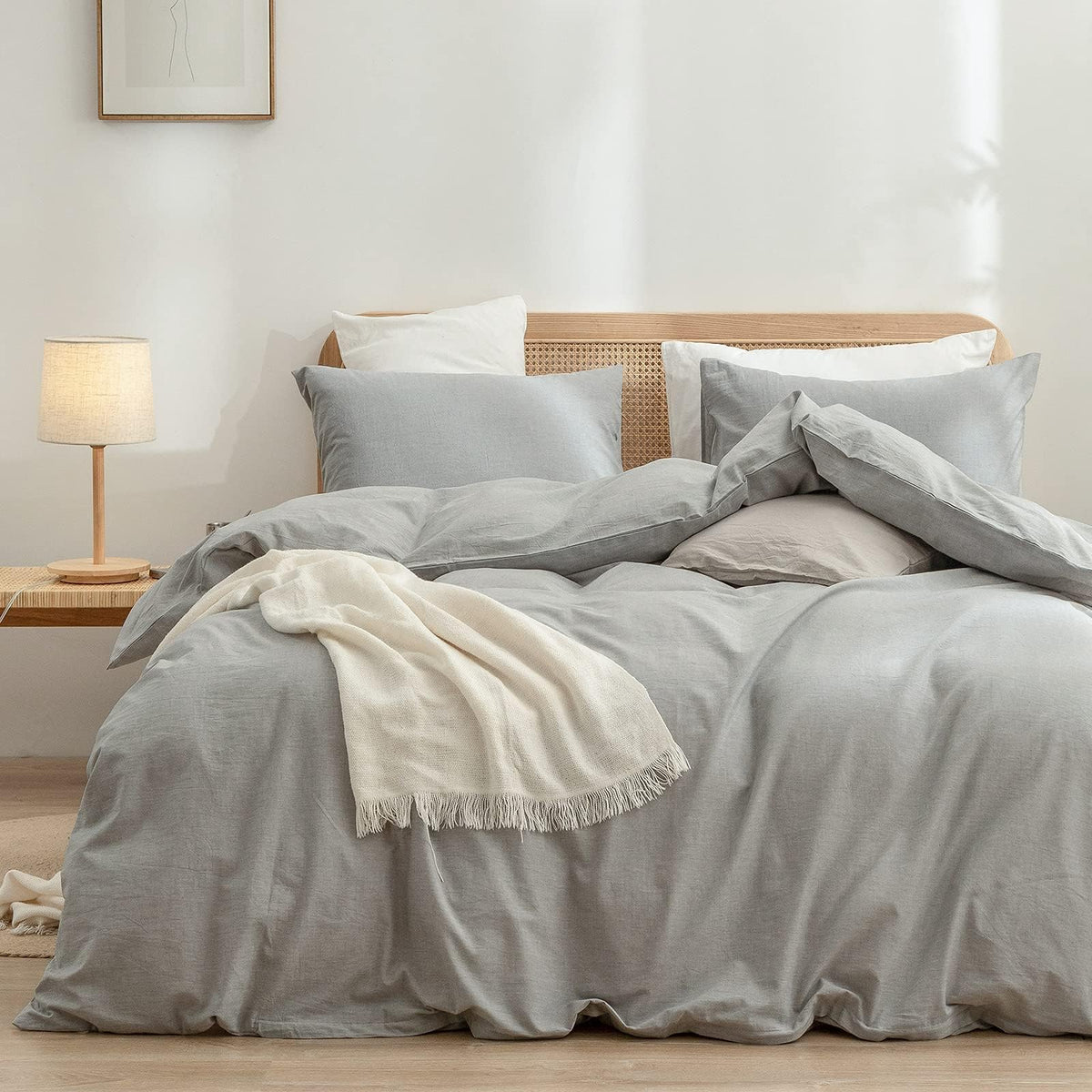 BESTOUCH Cotton Solid Duvet Cover Set Linen Feel Off White Queen