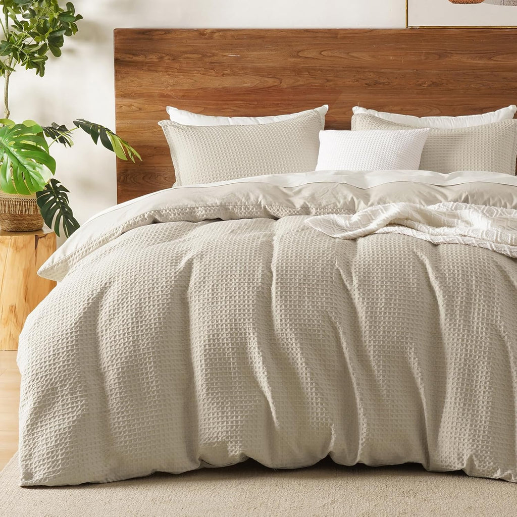 David's Home Soft Textured Waffle Weave Duvet Cover Set, King Size, Natural