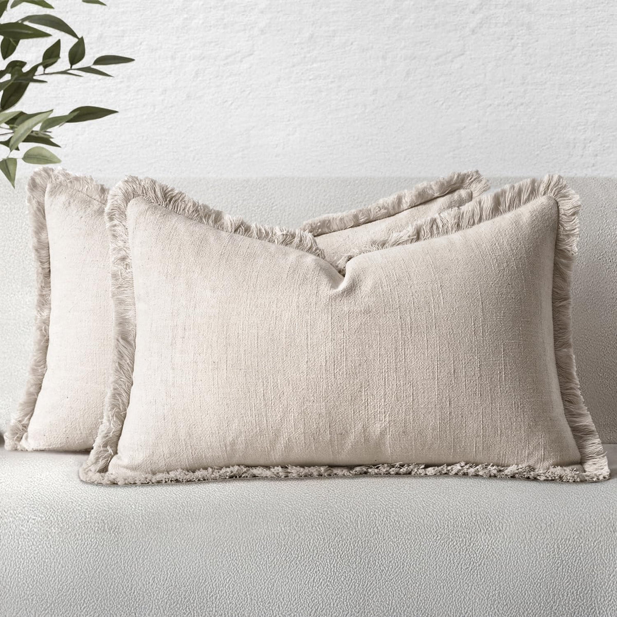 MIULEE Boho Linen Fringe Decorative Throw Pillow Covers Olive Green 20x20