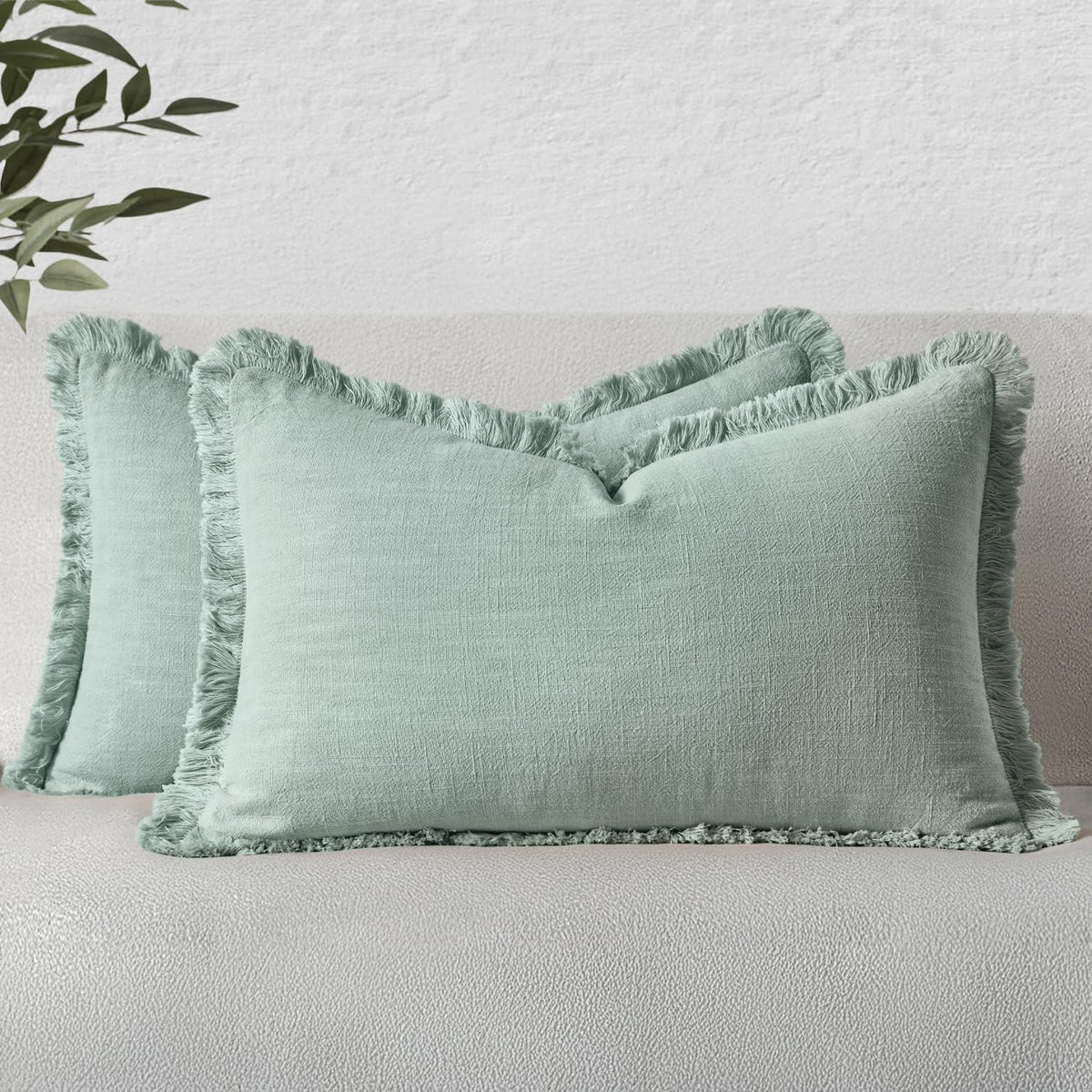 MIULEE Boho Linen Fringe Decorative Throw Pillow Covers Olive Green 20x20