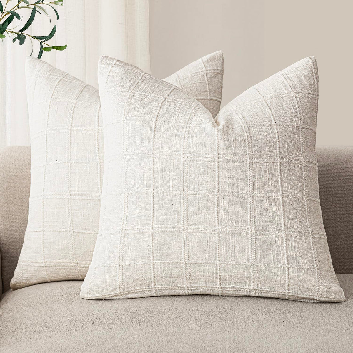 Foindtower Boho Linen Check Decorative Throw Pillow Cover 18×18 Olive Green