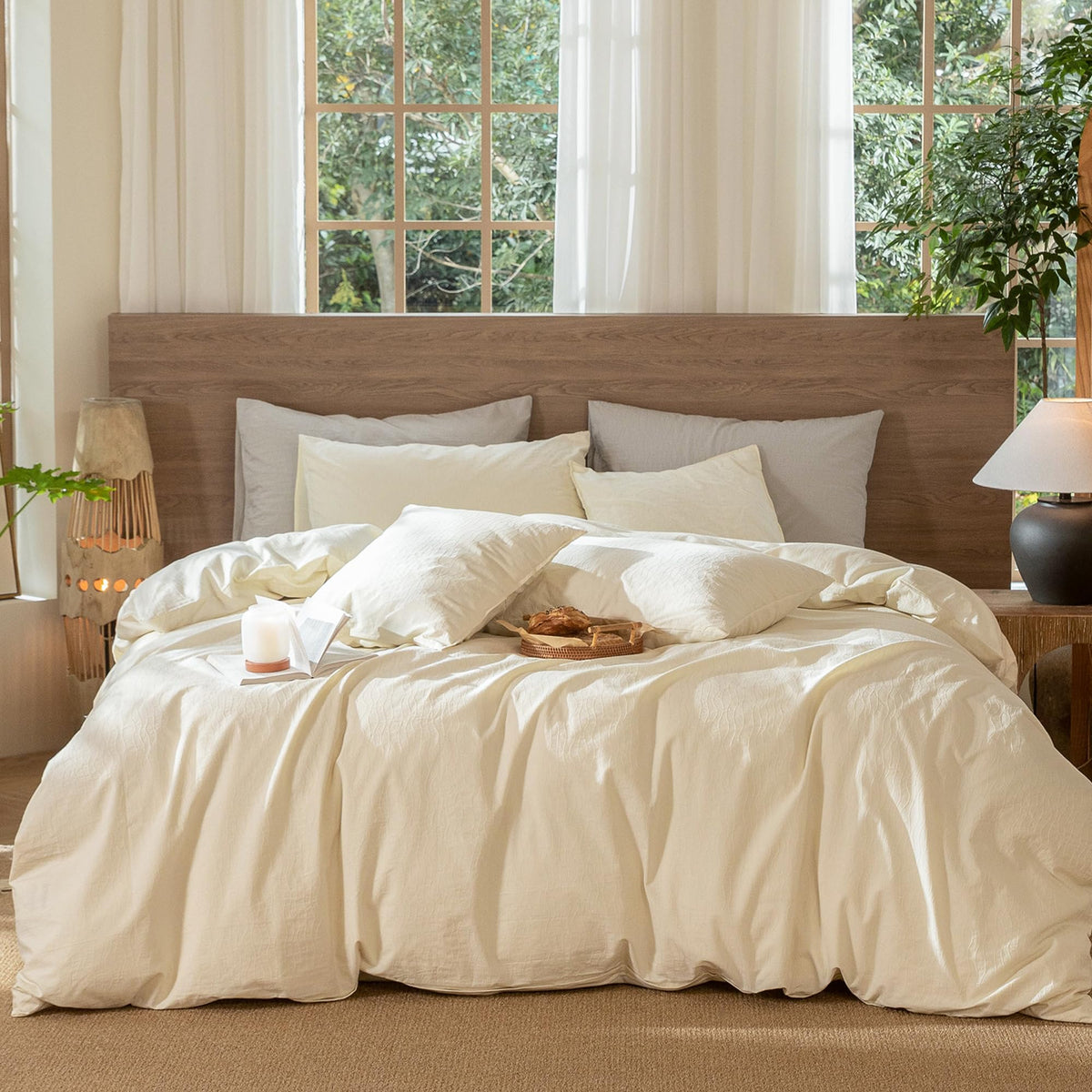 MooMee Striped Duvet Cover Set 100% Washed Cotton Linen Like Queen