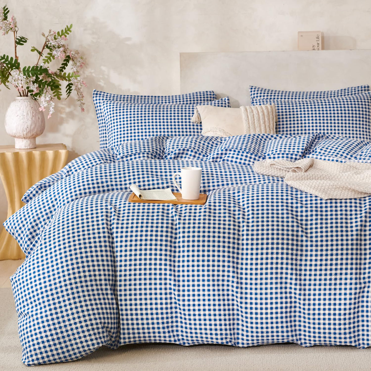 King Size Duvet Cover Set Floral Luxury Soft Brushed Microfiber Crinkle Gauze Fabric 3 Pieces Bedding Set Flower Pattern Duvet Cover King with Zipper Closure Breathable Comfy