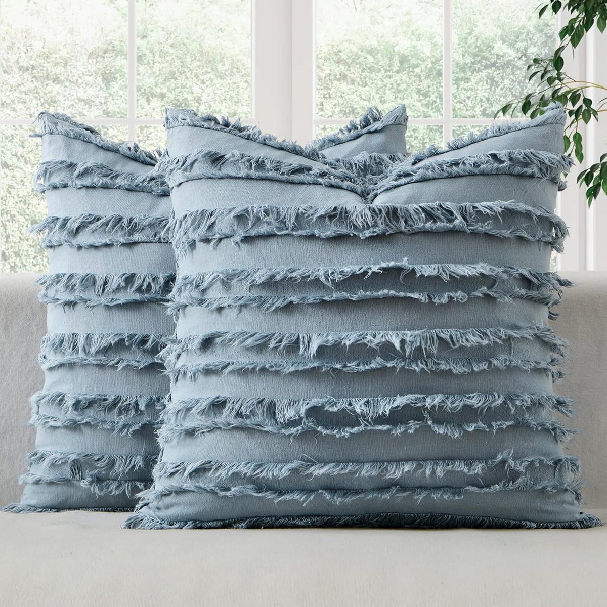 MIULEE Boho Linen Striped Throw Pillow Covers 18x18, Neutral Beige