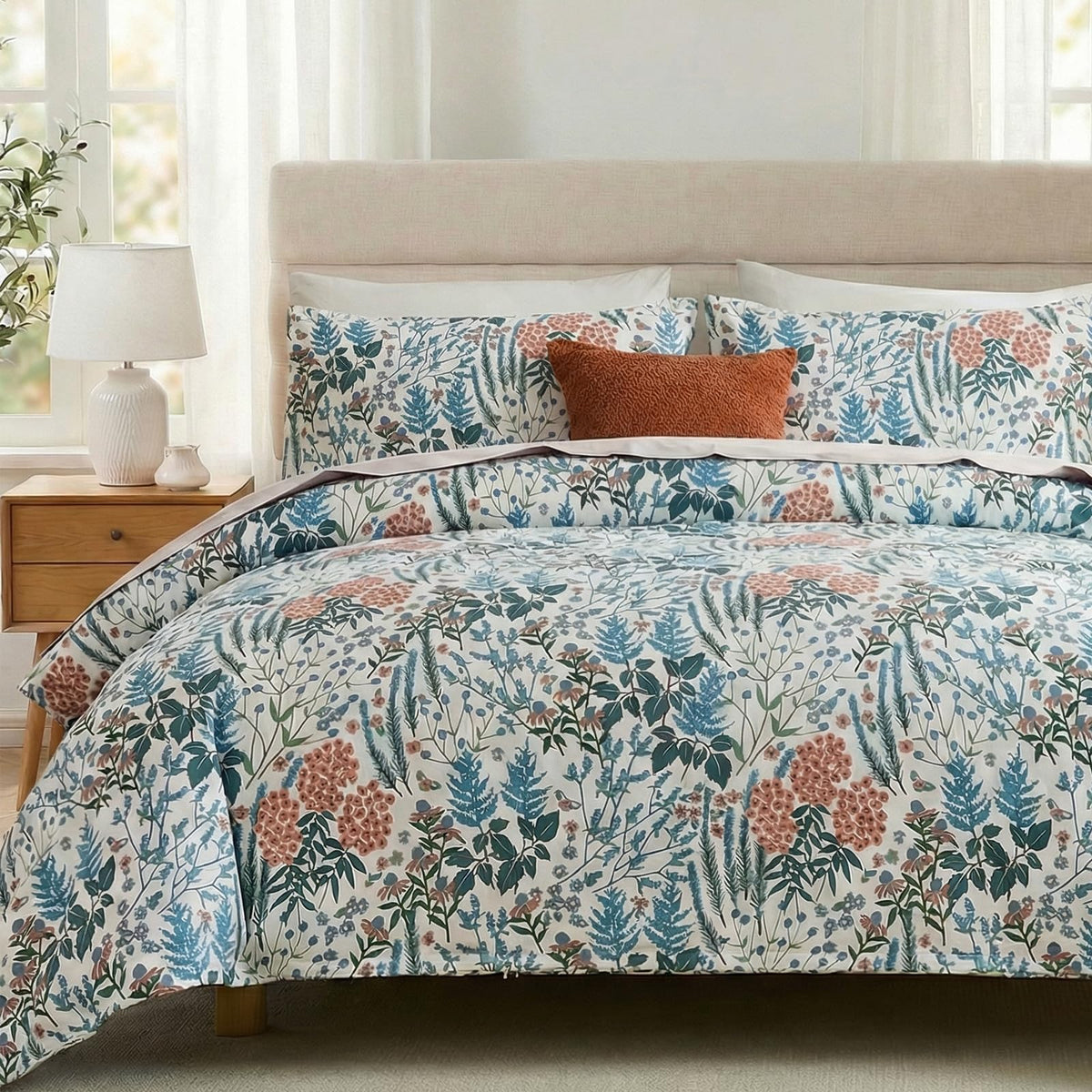 Duvet Cover Queen Size - 100% Cotton Reversible Floral Queen Duvet Cover Set with Zipper Closure, 3 Pieces Soft & Breathable Green Bedding Set for All Seasons
