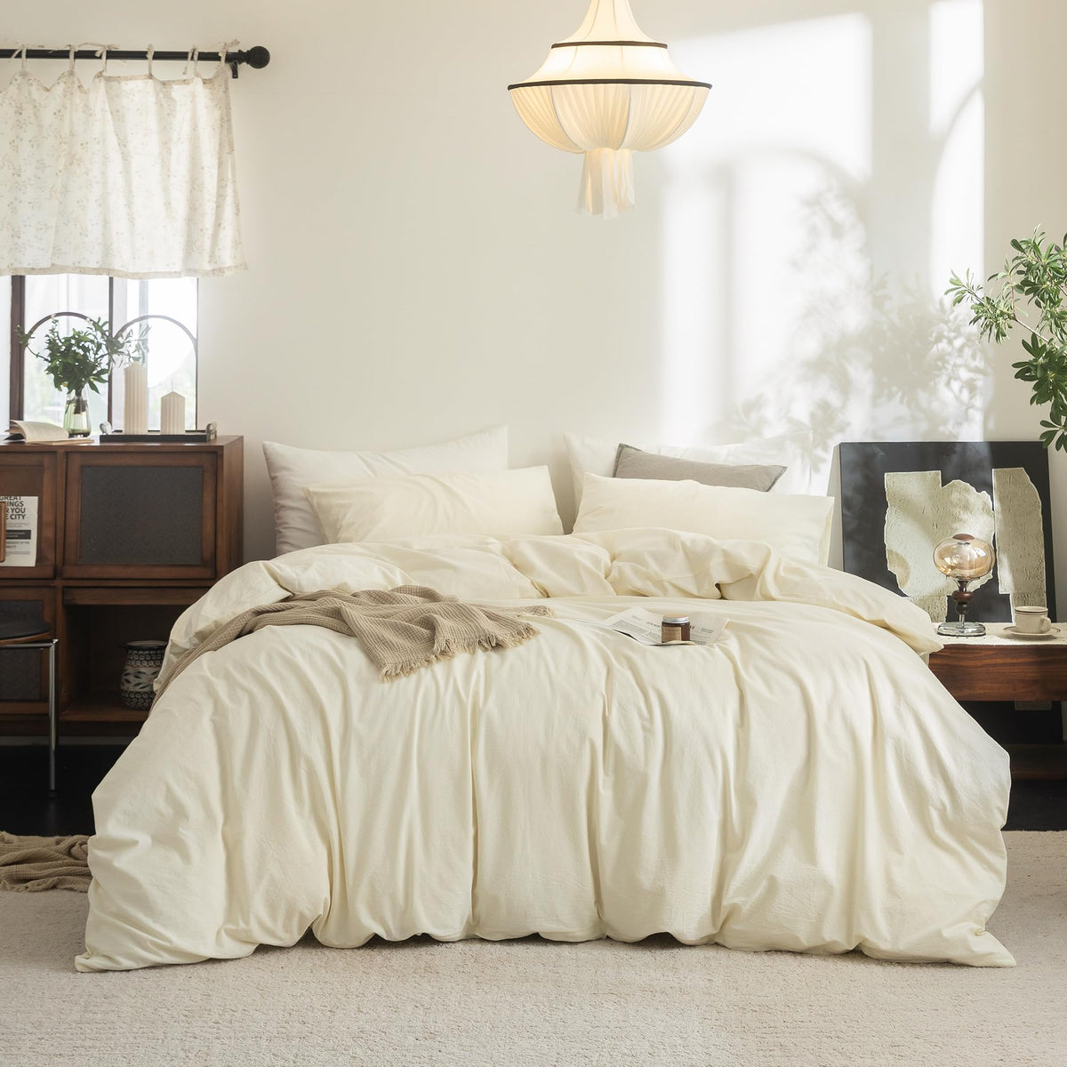 FOSSA Duvet Cover Set 100% Washed Cotton Linen Feel Queen