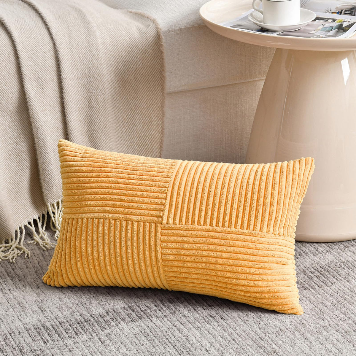 Fancy Homi Blush Pink Lumbar Decorative Throw Pillow Covers 12x20 Inch for Living Room Couch Bed, Rustic Farmhouse Boho Home Decor, Soft Striped Corduroy Rectangle Accent Cushion Case 30x50 cm