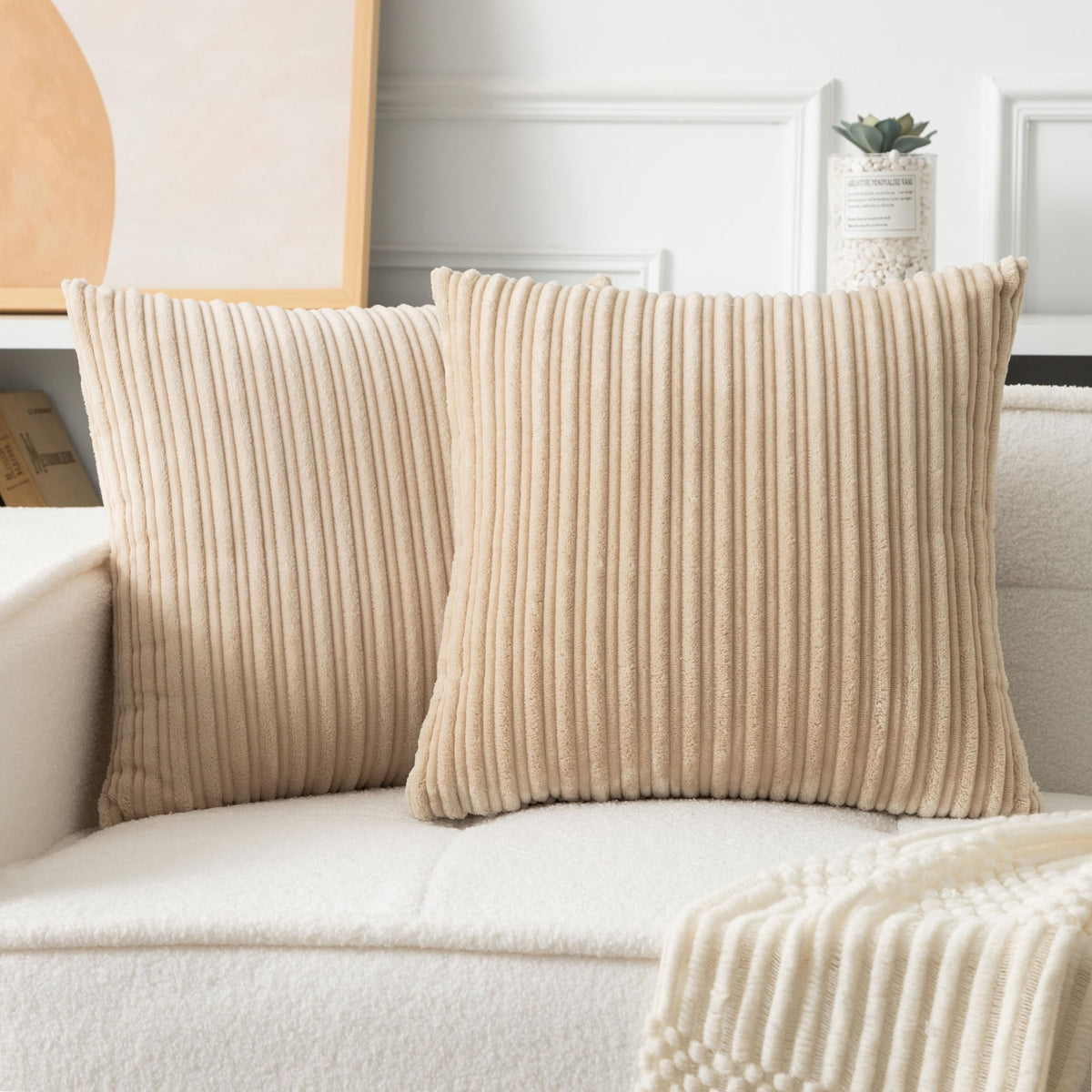 UGASA Velvet 12x20 Inch Lumbar Soft Throw Pillow Cover Boho Farmhouse Decorative Corduroy Striped Both Sides Solid Rectangular Cushion Case for Couch Bedroom Sofa Home, 1 Piece, Beige