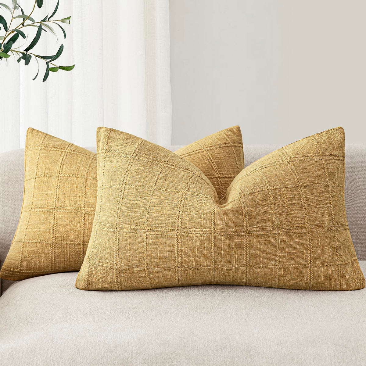 Foindtower Boho Linen Check Decorative Throw Pillow Cover 18×18 Olive Green