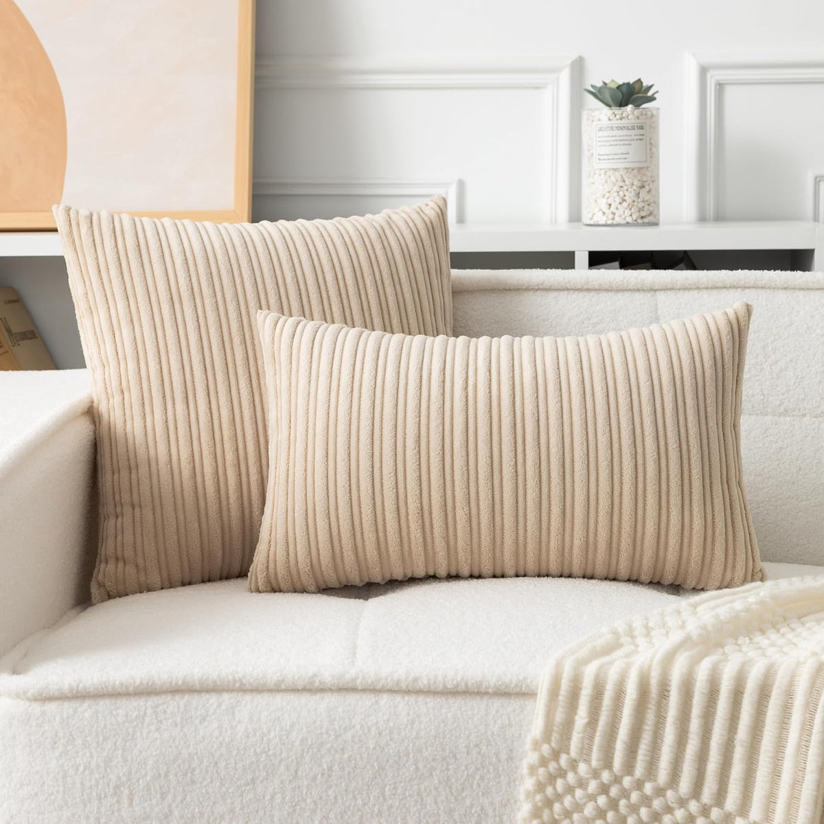 UGASA Velvet 12x20 Inch Lumbar Soft Throw Pillow Cover Boho Farmhouse Decorative Corduroy Striped Both Sides Solid Rectangular Cushion Case for Couch Bedroom Sofa Home, 1 Piece, Beige