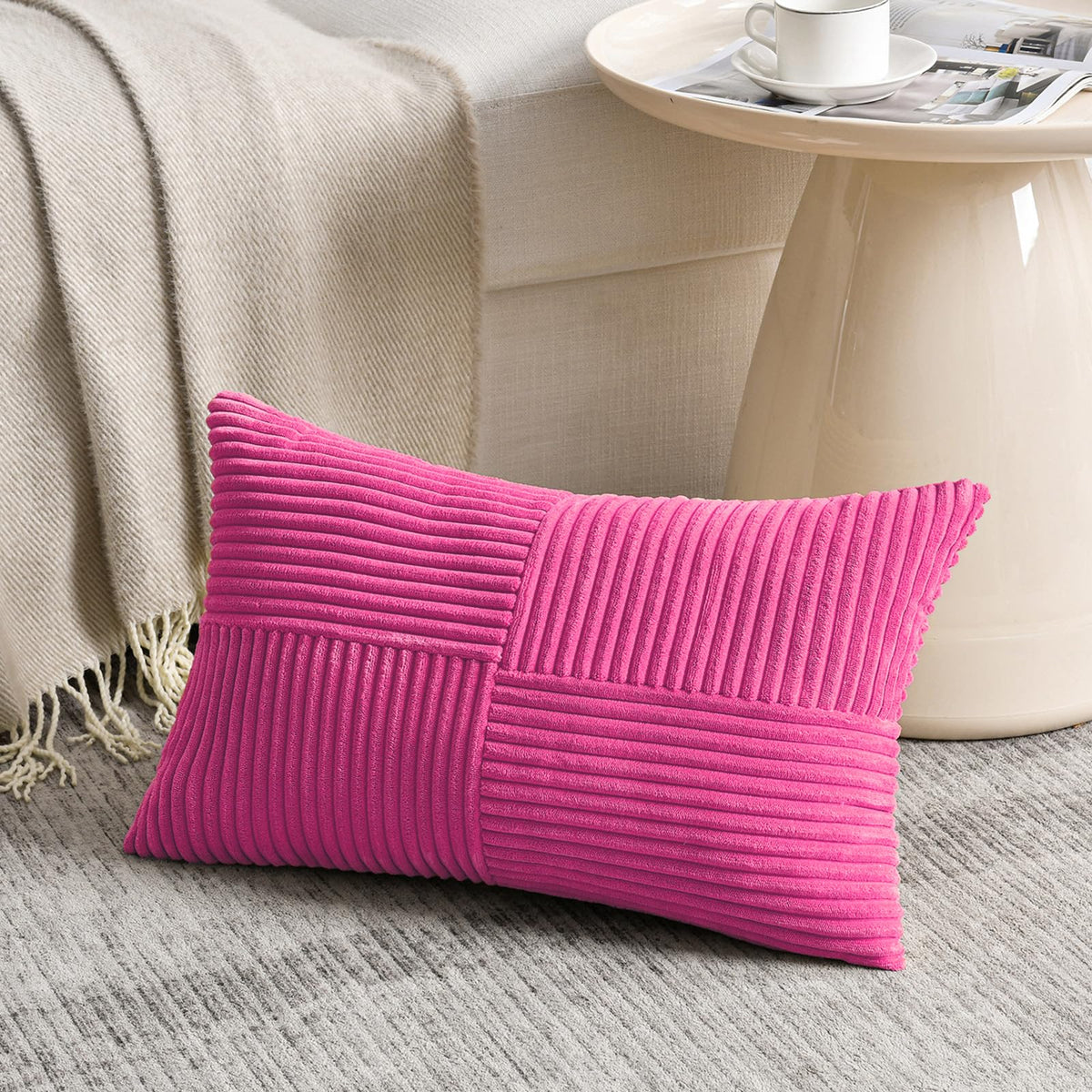 Fancy Homi Blush Pink Lumbar Decorative Throw Pillow Covers 12x20 Inch for Living Room Couch Bed, Rustic Farmhouse Boho Home Decor, Soft Striped Corduroy Rectangle Accent Cushion Case 30x50 cm