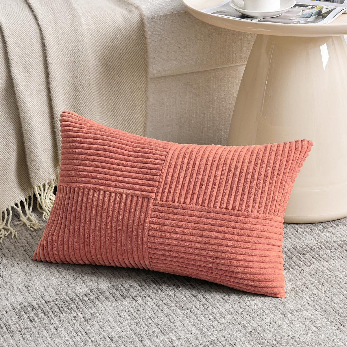 Fancy Homi Blush Pink Lumbar Decorative Throw Pillow Covers 12x20 Inch for Living Room Couch Bed, Rustic Farmhouse Boho Home Decor, Soft Striped Corduroy Rectangle Accent Cushion Case 30x50 cm