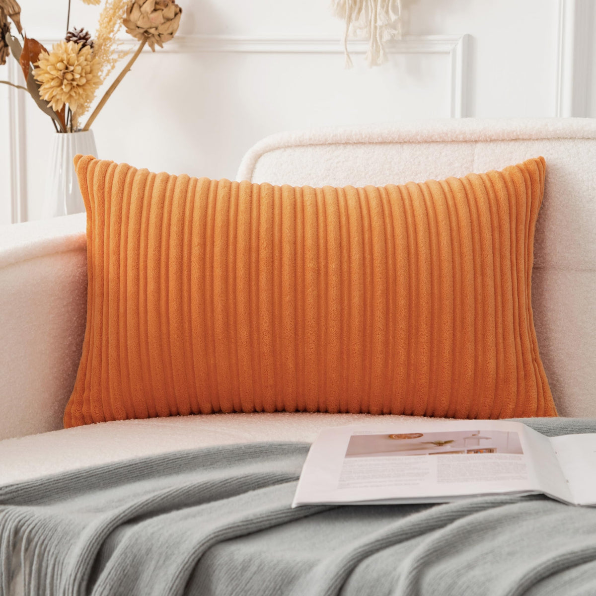 UGASA Velvet 12x20 Inch Lumbar Soft Throw Pillow Cover Boho Farmhouse Decorative Corduroy Striped Both Sides Solid Rectangular Cushion Case for Couch Bedroom Sofa Home, 1 Piece, Beige