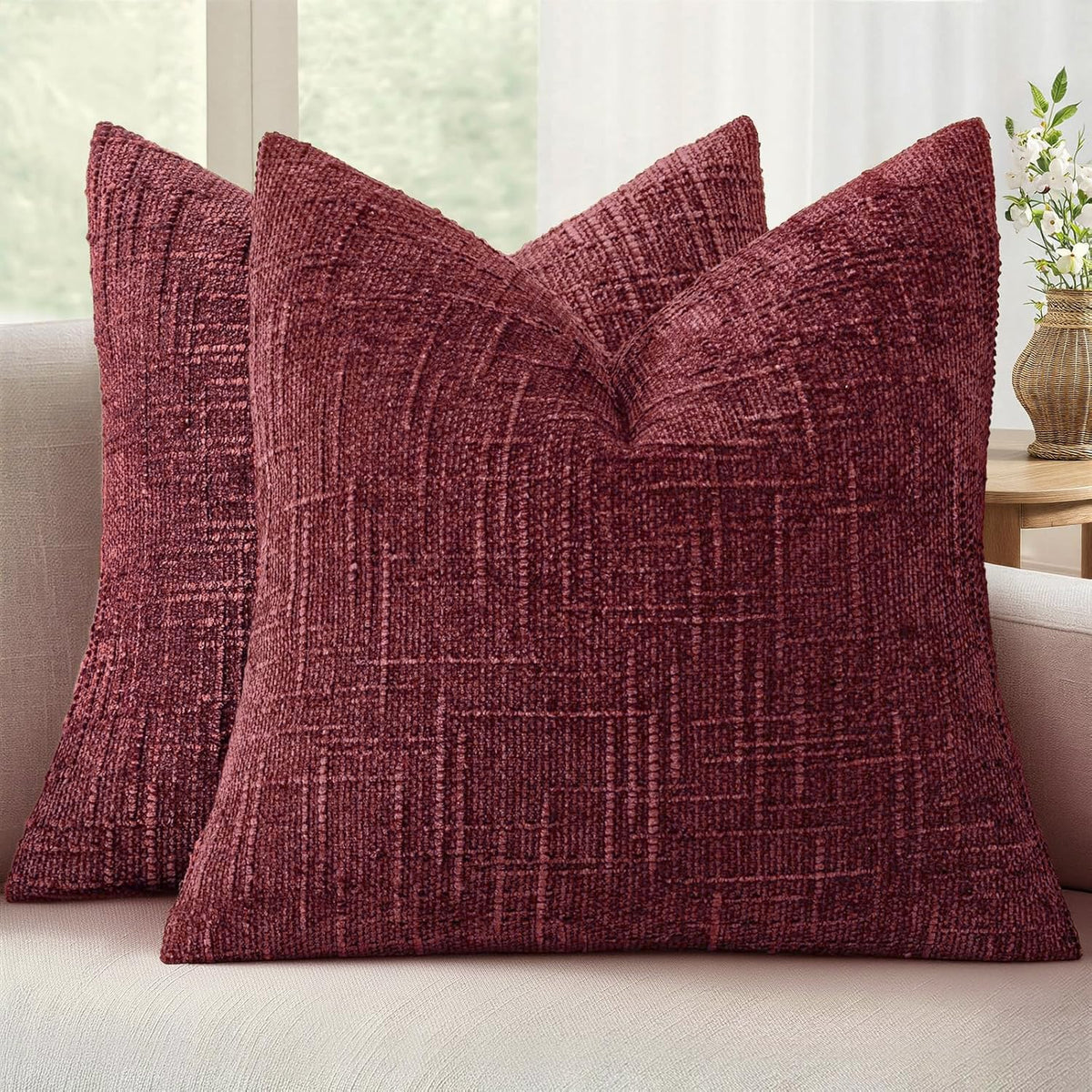 MIULEE Chenille Textured Throw Pillow Covers Cream White 20x20 Set of 2