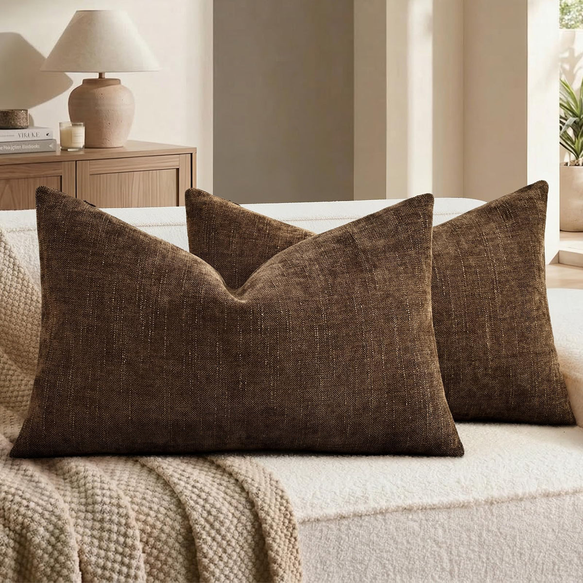 decorUhome Chenille Decorative Throw Pillow Covers 18x18 Set of 2, Brown