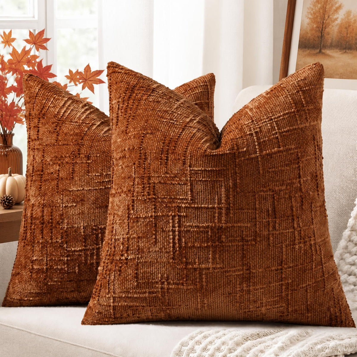 decorUhome Textured Chenille Throw Pillow Covers 18x18 Set of 2 Rust