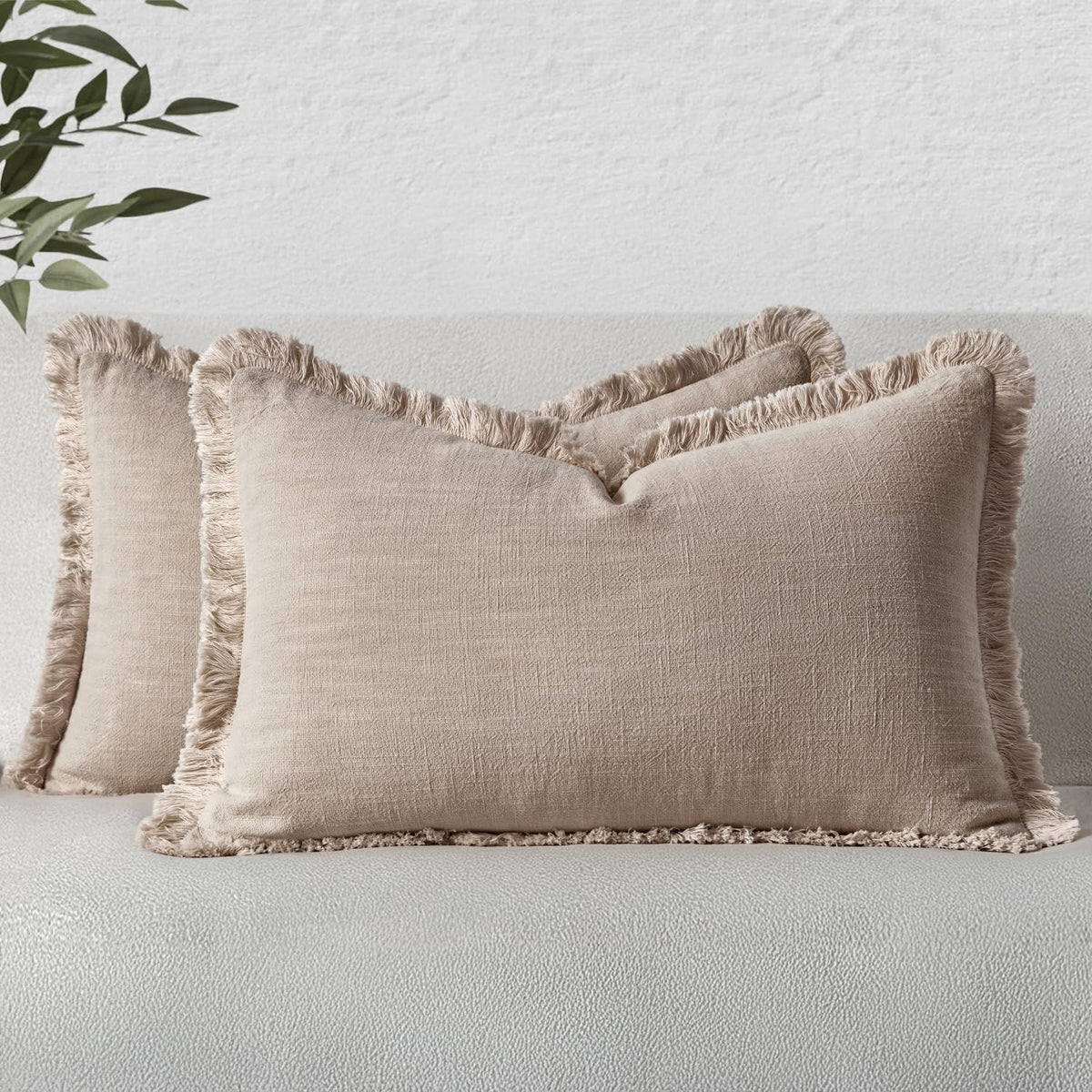 MIULEE Boho Linen Fringe Decorative Throw Pillow Covers Olive Green 20x20