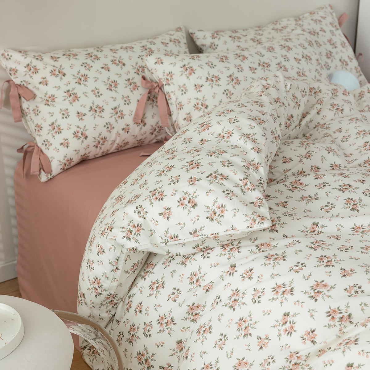 mixinni Reversible Sage Green Floral Duvet Cover Set Queen Size - 100% Cotton Cute Botanical Patterns Bedding Set with Ruffle Lace, 3PCs Beige Soft Aesthetic Cottagecore Style Duvet Cover for Girls