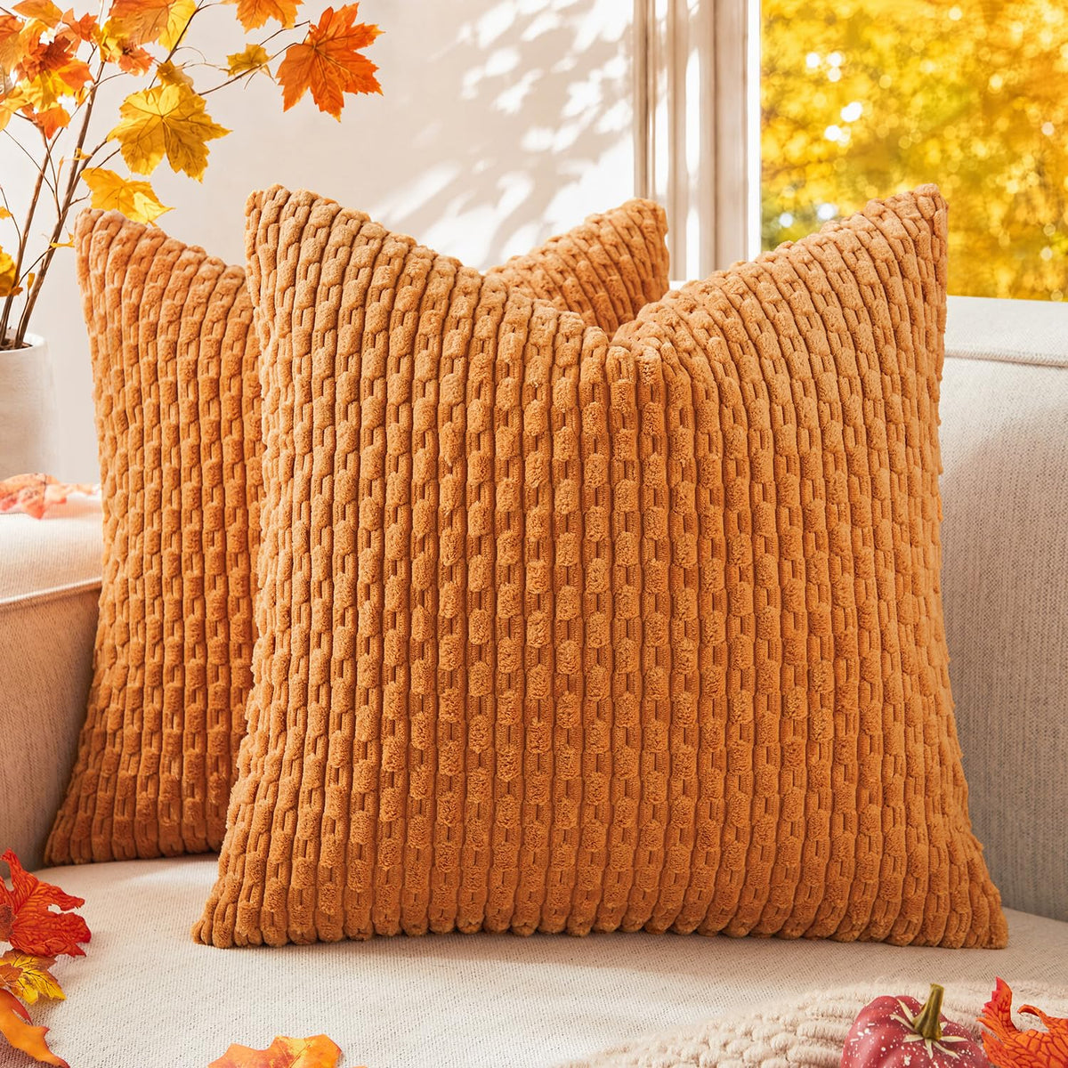 Kevin Textile Soft Corduroy 18x18 Inch Pillow Covers 2 Pack, Burnt Brick