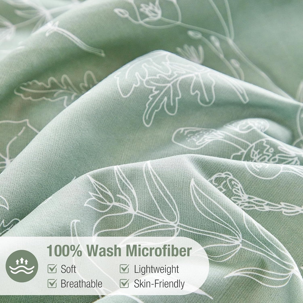 Lekesky Floral Duvet Cover Queen Size 3-Piece, Sage Green
