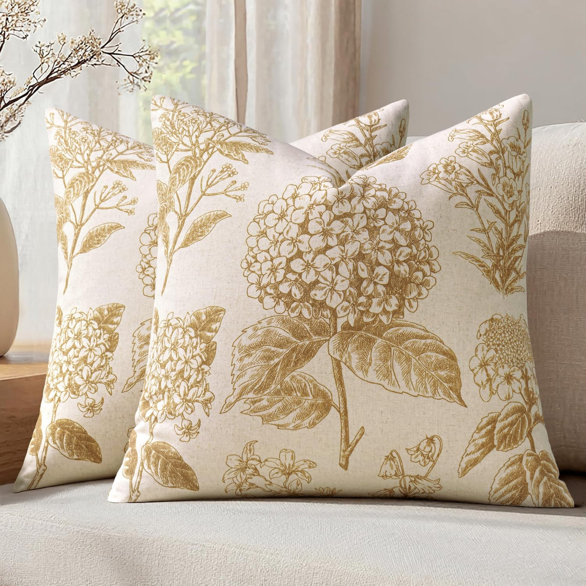 Set of 2 Decorative Floral Pillow Covers 18x18 Inch Light Brown