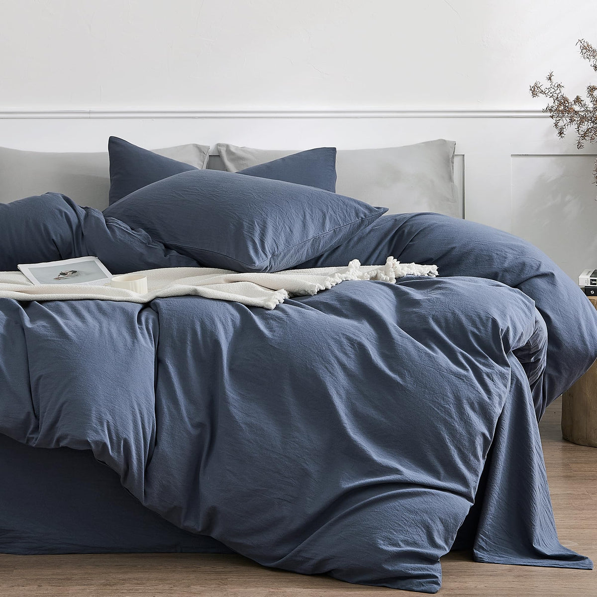 JELLYMONI 100% Cotton King Duvet Cover Set, Washed Linen-Like Texture