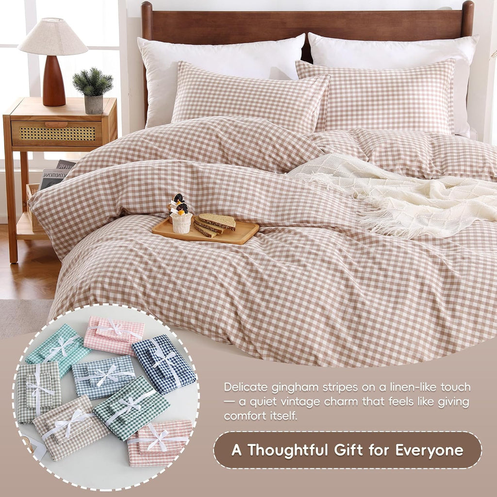 Cotton Brown Gingham Duvet Cover Bedding Set Linen Like, Queen