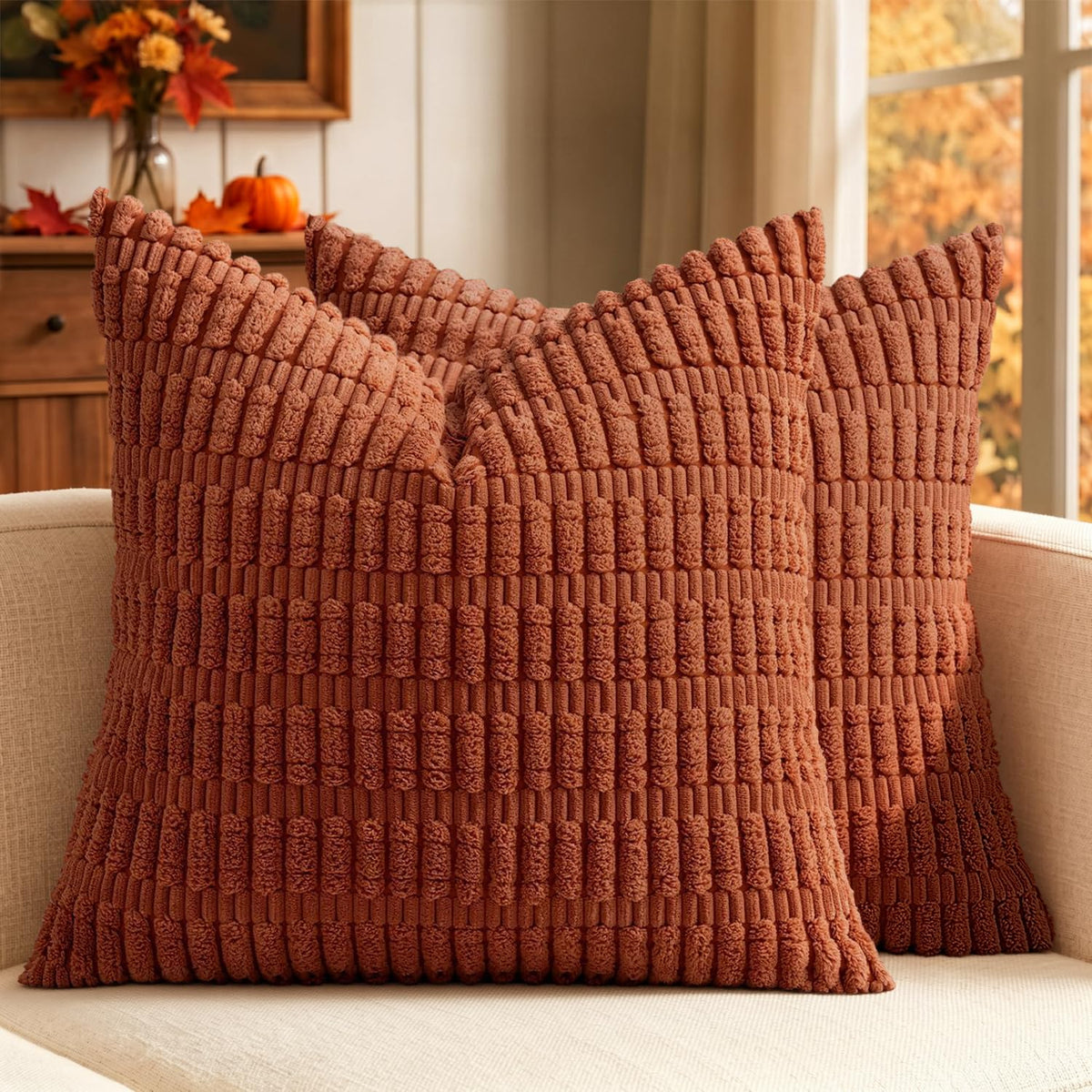 MIULEE Corduroy Decorative Throw Pillow Covers 20x20 Cream White Pack of 2