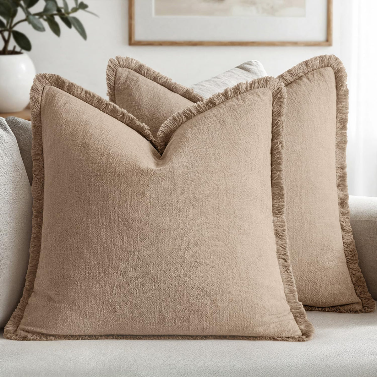 MIULEE Boho Linen Fringe Decorative Throw Pillow Covers Olive Green 20x20
