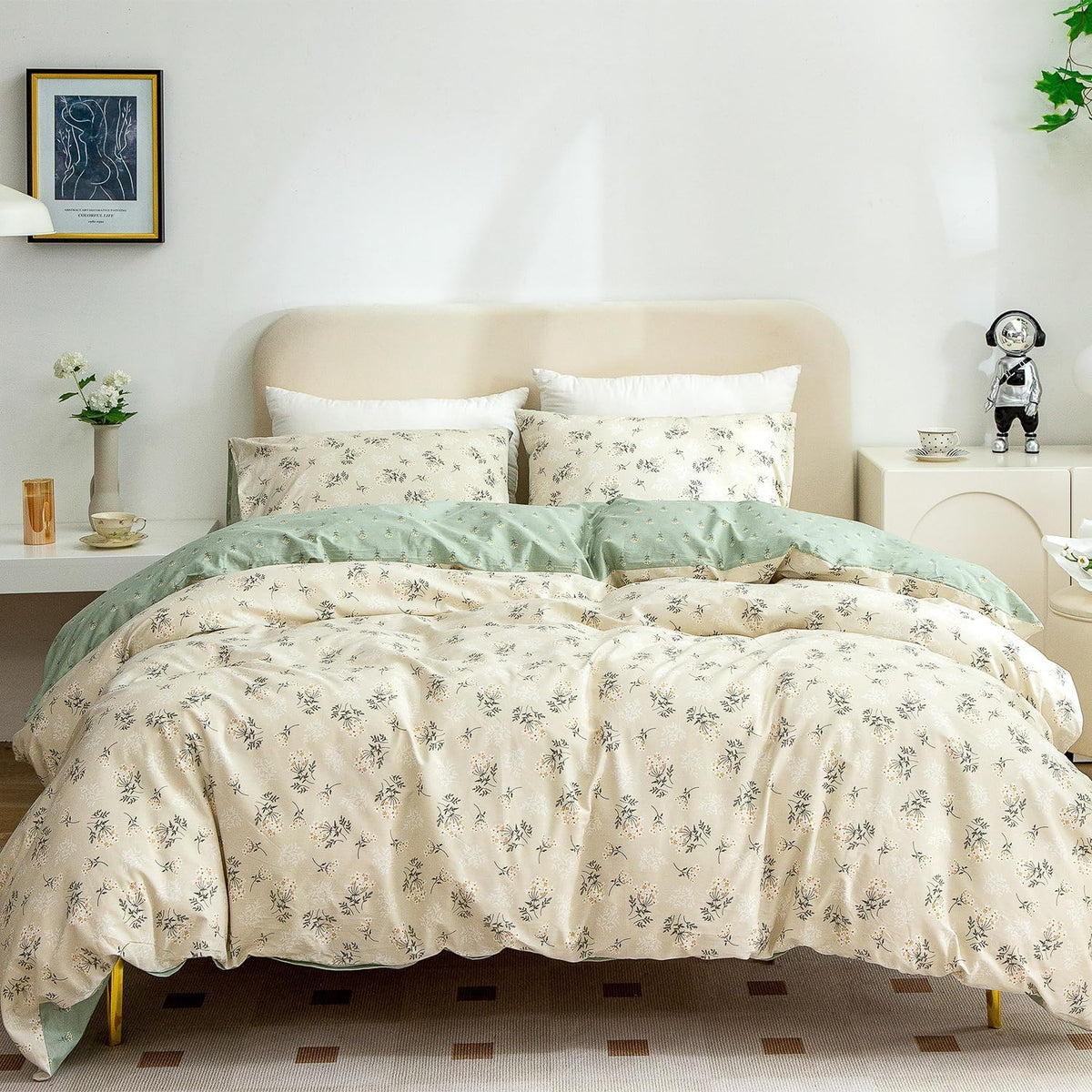 King Size Duvet Cover Set Floral Luxury Soft Brushed Microfiber Crinkle Gauze Fabric 3 Pieces Bedding Set Flower Pattern Duvet Cover King with Zipper Closure Breathable Comfy