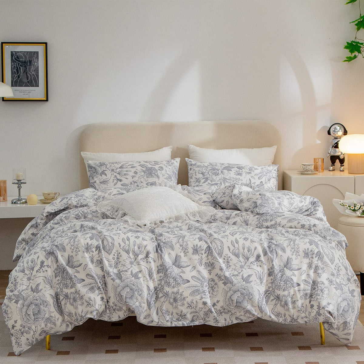 King Size Duvet Cover Set Floral Luxury Soft Brushed Microfiber Crinkle Gauze Fabric 3 Pieces Bedding Set Flower Pattern Duvet Cover King with Zipper Closure Breathable Comfy