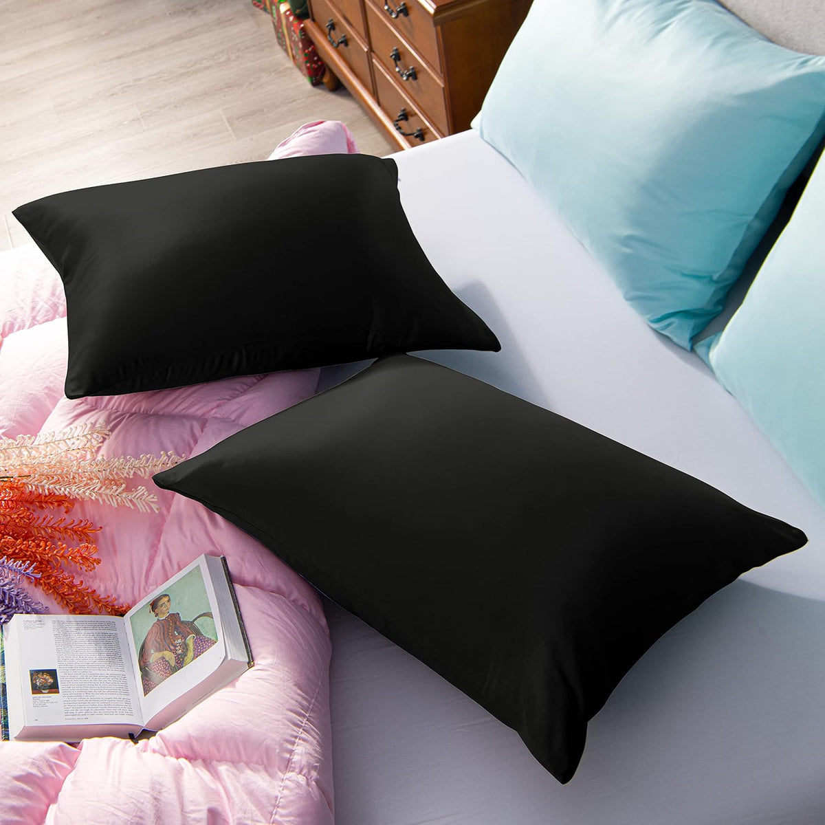 NTBAY Standard Satin Pillowcases, Set of 2, Zipper, Black