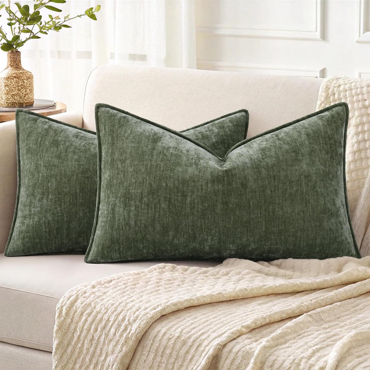 decorUhome Chenille Beige Velvet Throw Pillow Covers 20x20 Set of 2