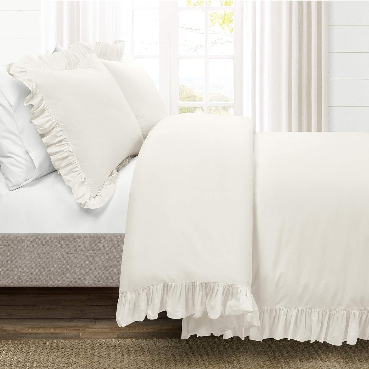Lush Decor Reyna Ruffle Cotton Duvet Cover Set 3 Piece Set Full/ Queen, White - Queen Size Bedding Set - White Duvet Queen- Ruffled Bedding - Coquette Decor