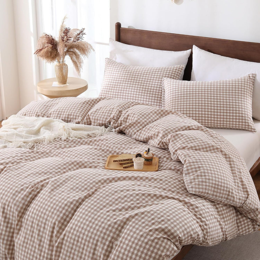 Cotton Brown Gingham Duvet Cover Bedding Set Linen Like, Queen