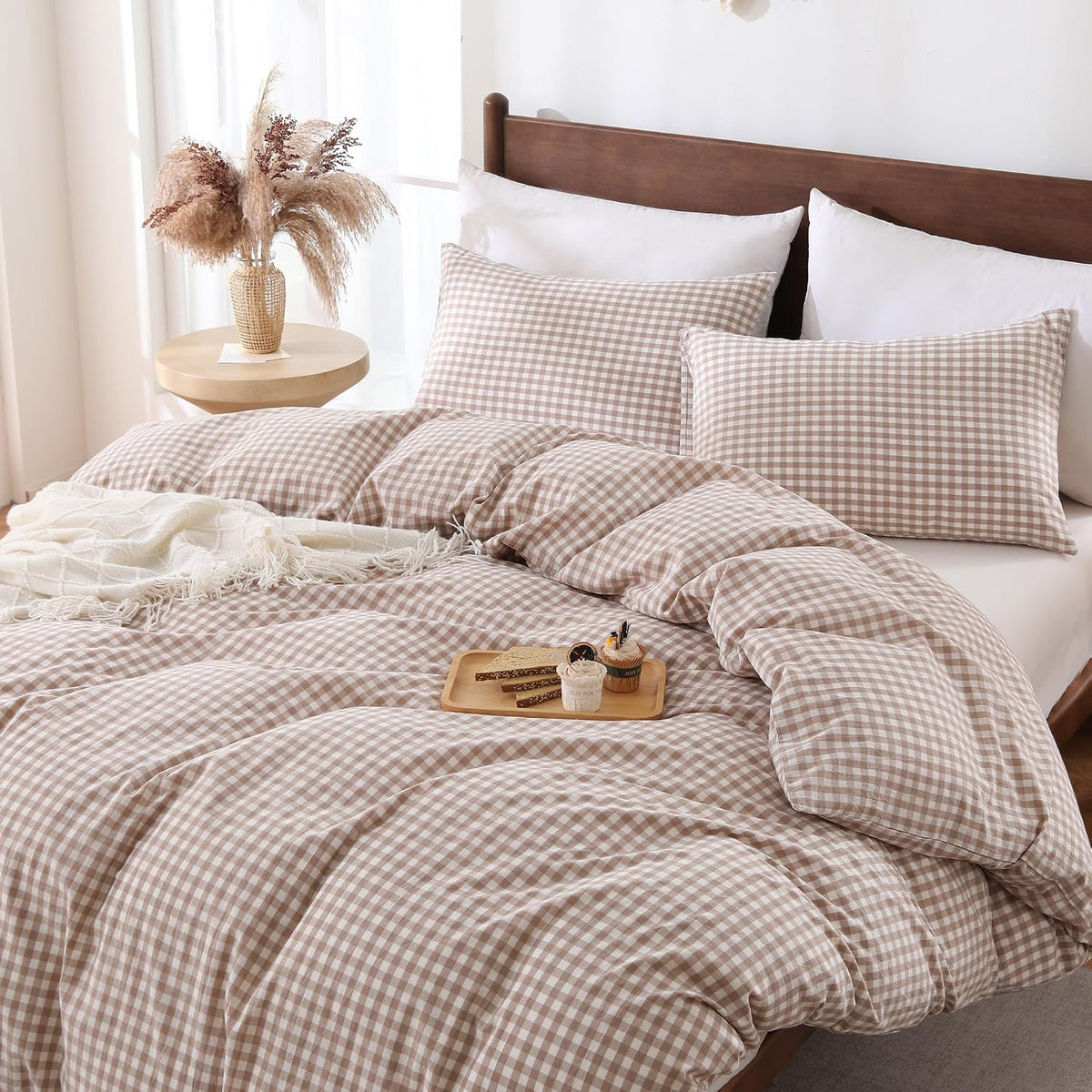 Cotton Brown Gingham Duvet Cover Bedding Set Linen Like, Queen