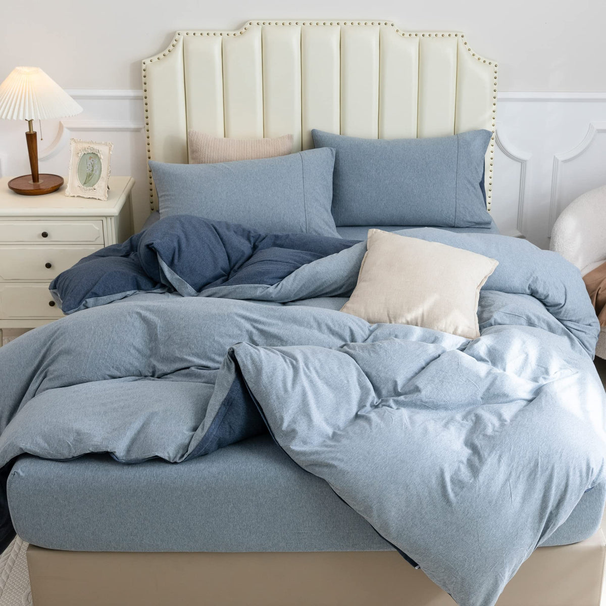 PURE ERA Jersey Knit Duvet Cover Set 100% T-Shirt Cotton Super Soft Comfy 3pc Bedding Set with Zipper Closure (Heather Beige, Queen)