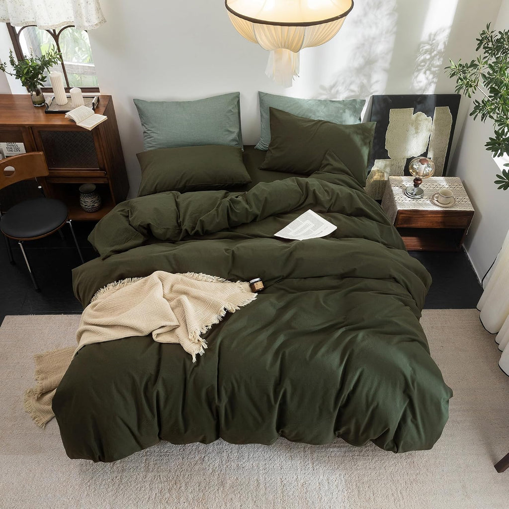 FOSSA Duvet Cover Set 100% Washed Cotton Linen Feel Queen