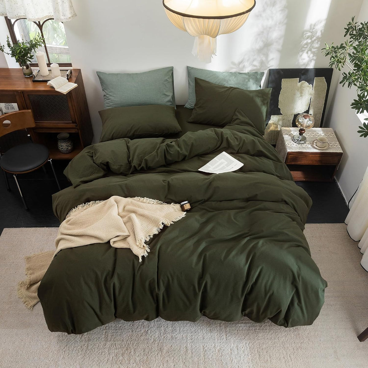 FOSSA Duvet Cover Set 100% Washed Cotton Linen Feel Queen