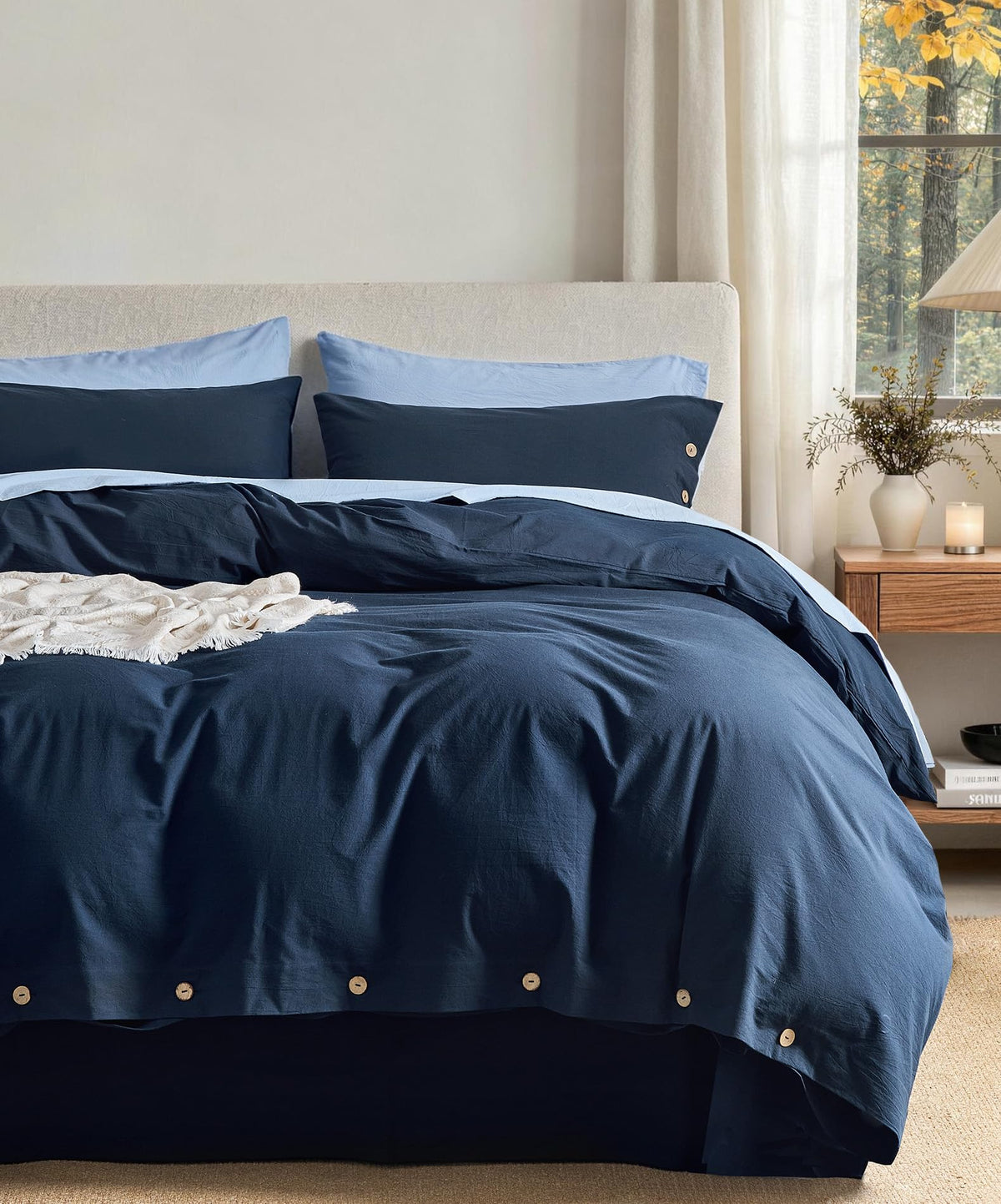JELLYMONI 100% Washed Cotton Striped Duvet Cover Set King, Linen-Like