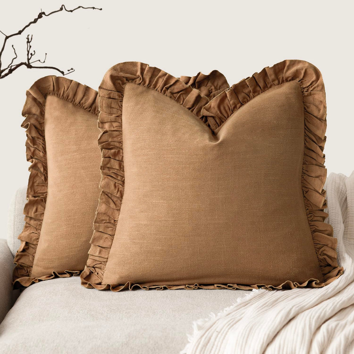 Foindtower Set of 2 Decorative Soild Fringe Ruffle Throw Pillow Covers Soft Boho Farmhouse Cushion Cover Cozy Accent Retro Pillowcase for Couch Sofa Bed Living Room Home Decor,18×18 Inch,Natural Beige