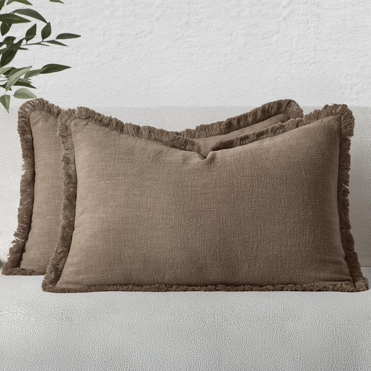 MIULEE Boho Linen Fringe Decorative Throw Pillow Covers Olive Green 20x20