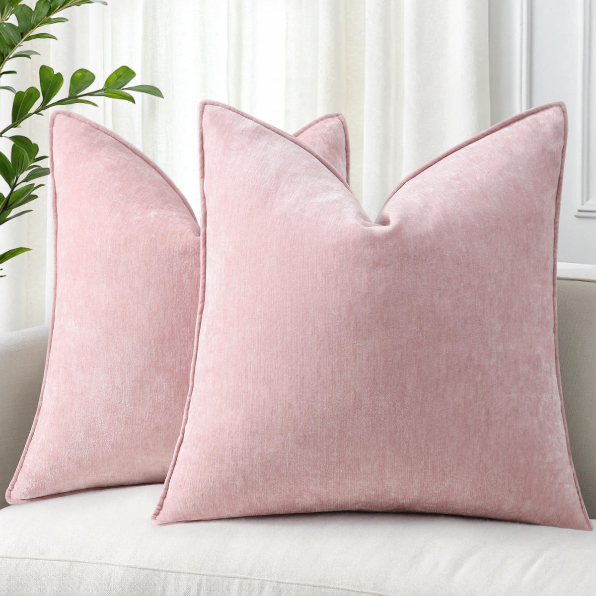 decorUhome Chenille Beige Velvet Throw Pillow Covers 20x20 Set of 2