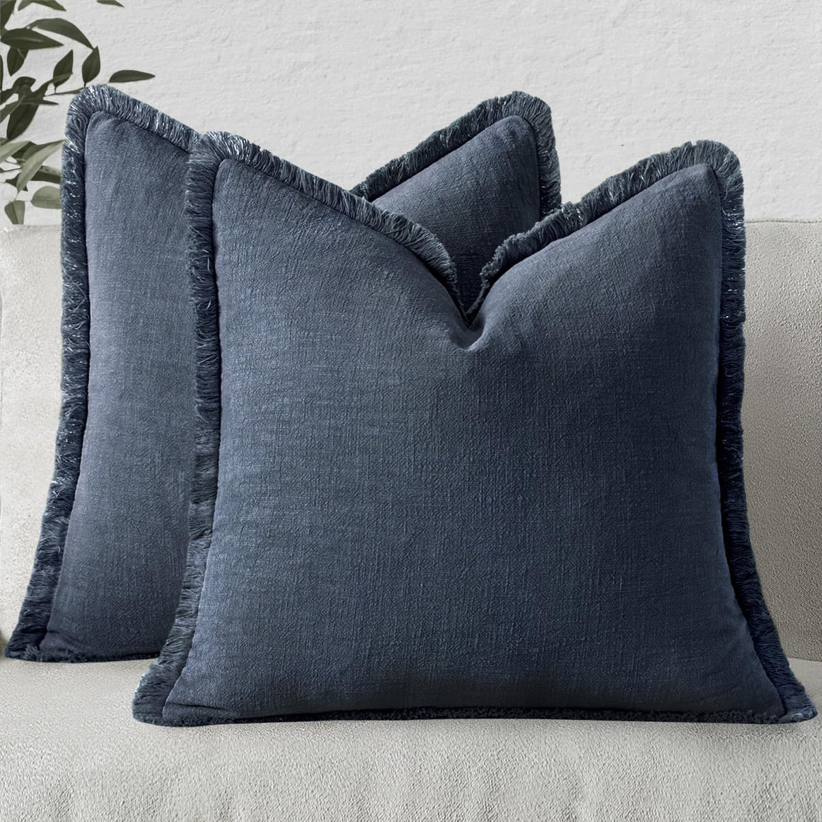 MIULEE Boho Linen Fringe Decorative Throw Pillow Covers Olive Green 20x20